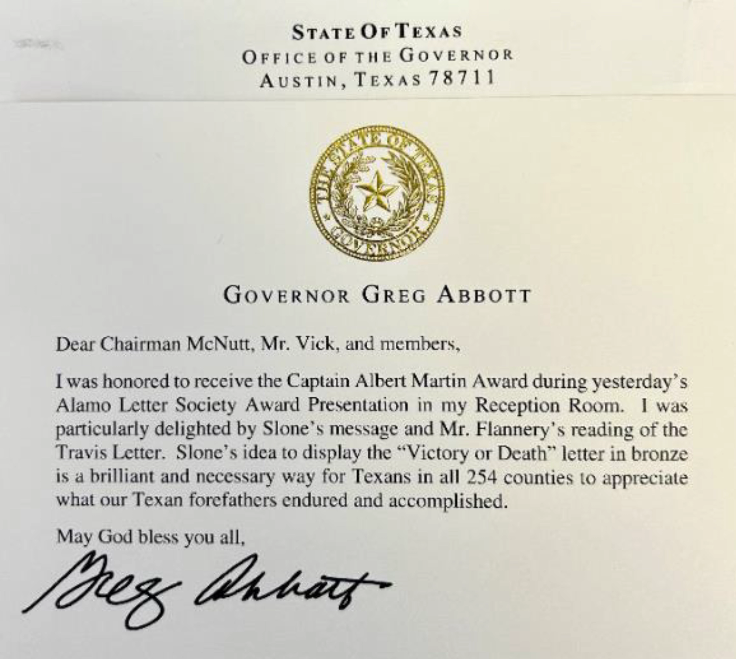 Texas Governor Letter