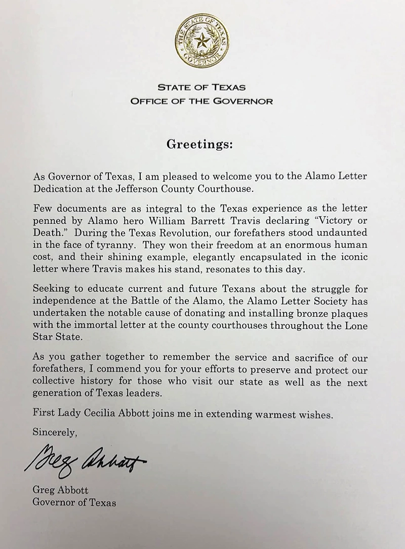 Texas Governor Letter